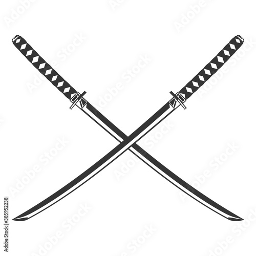 Vintage monochrome two crossed katana weapons isolated on white background. Hand drawn design element template for emblem, print, cover, poster. Vector illustration. photo