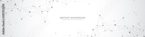 Website header or banner design with abstract geometric background and connecting dots and lines. Global network connection. Digital technology with plexus background and space for your text.