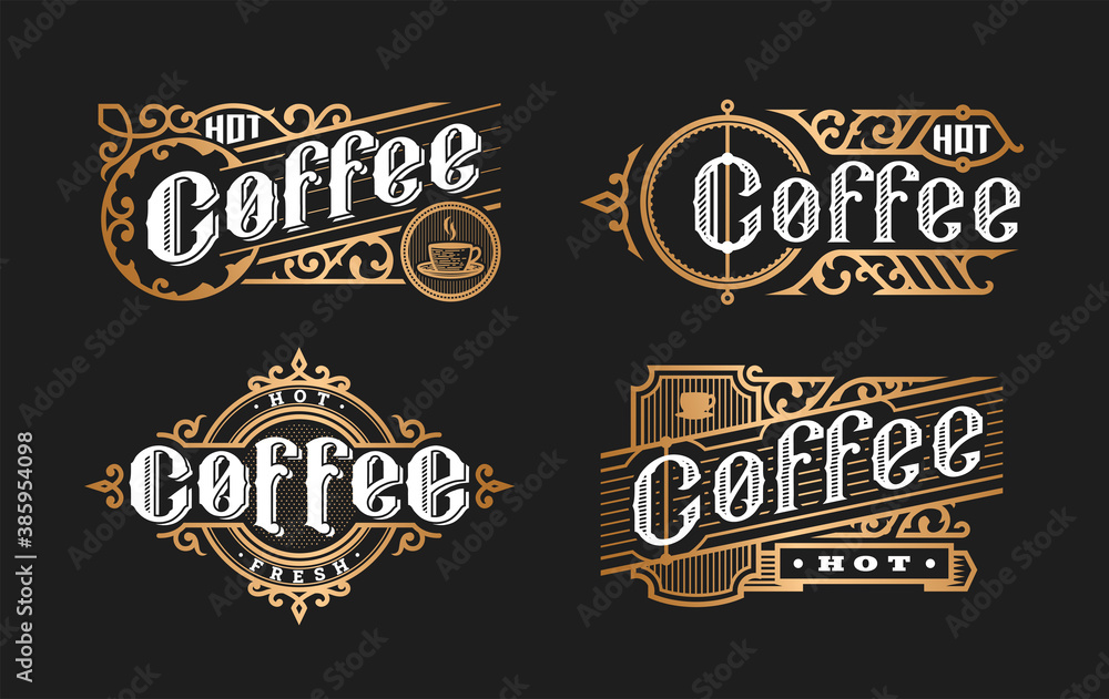 Hot coffee, vintage style. Set logo, emblem on a dark background. Vector illustration.