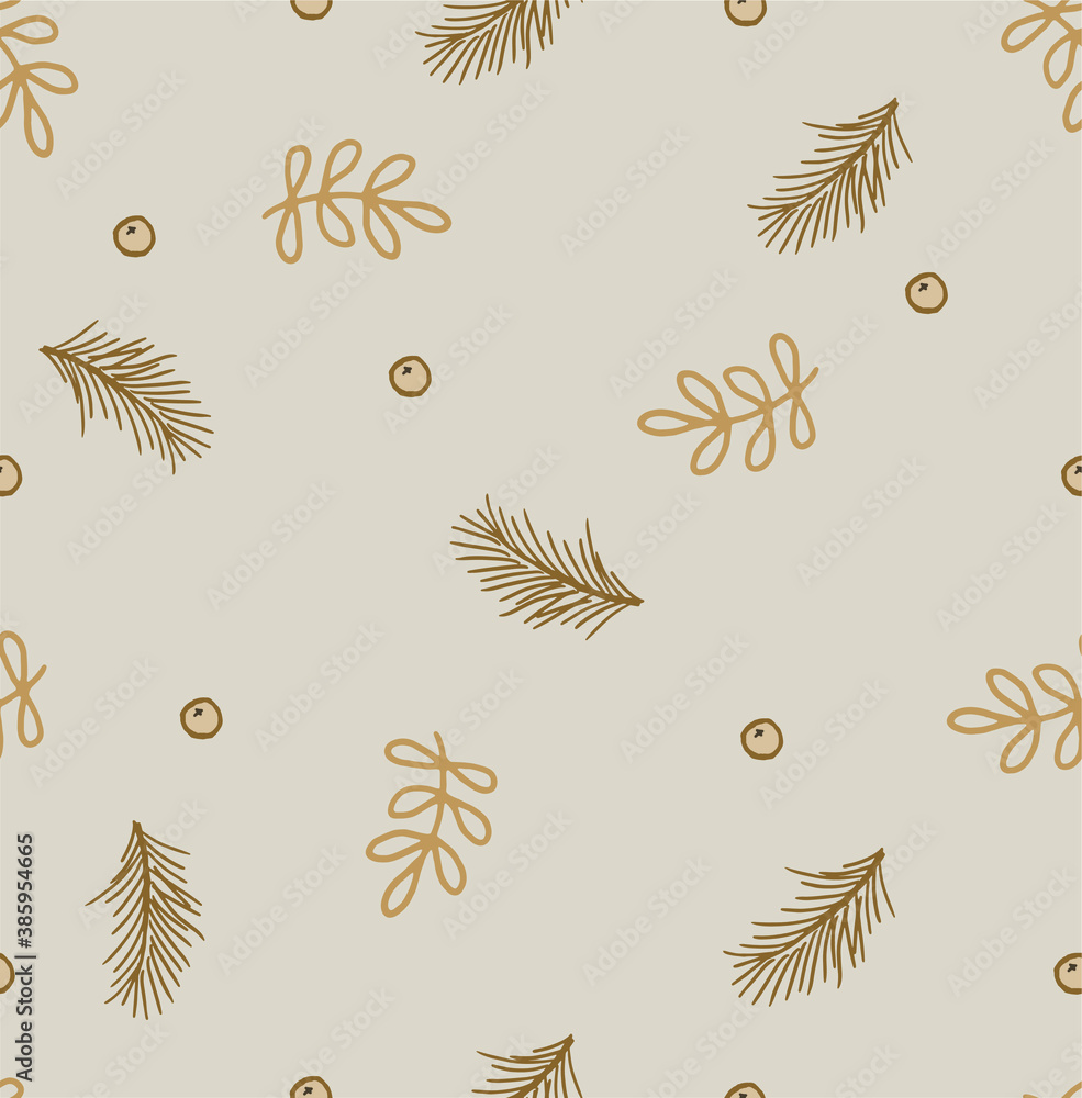 Seamless Christmas background with fir branches and berries. In a muted beige and chocolate palette. Made using doodle technique. For holiday decoration: wrapping paper, fabric and wallpaper.