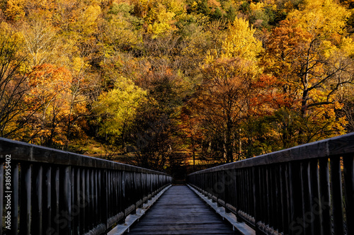 An old bridge leading to Autumn Leaves at Sounkyo in Hokkaido, Japan