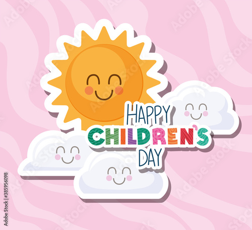 Happy childrens day with sun and clouds vector design