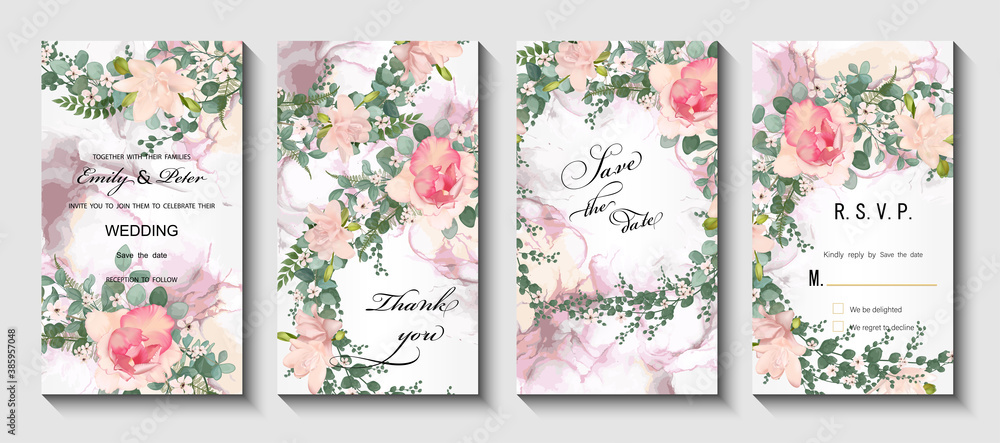 Modern creative design,  background marble texture with flowers. Wedding invitation.  Alcohol ink. Vector illustration.