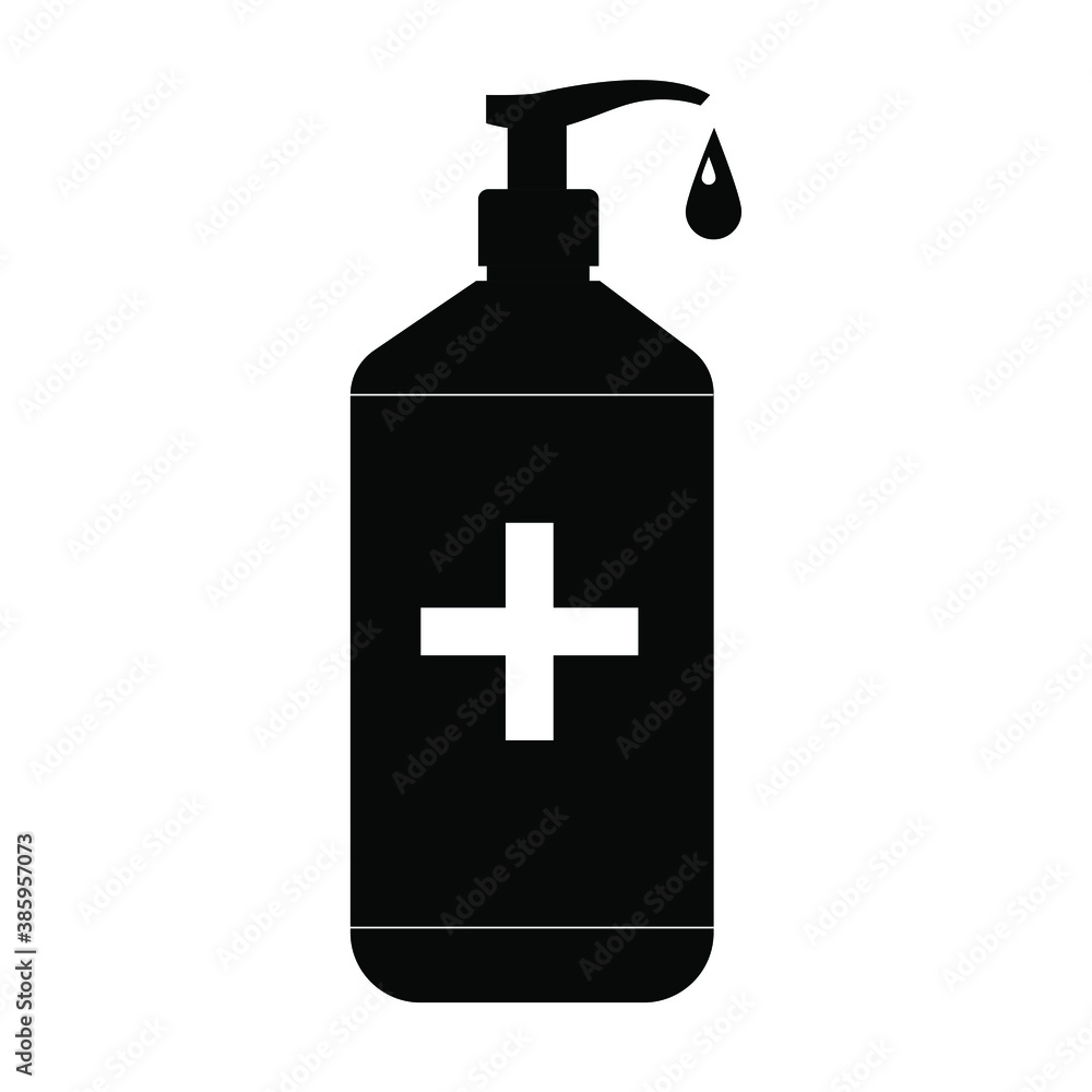 Hand sanitizer icon. Vector black and white illustration isolated on white background. Bottle with antiseptic Hand sanitizer icon. Vector black and white illustration isolated on white background. Bottle with antiseptic