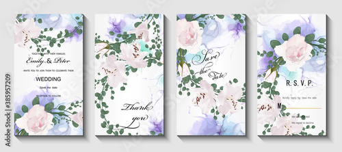 Modern creative design   background marble texture with flowers. Wedding invitation.  Alcohol ink. Vector illustration.