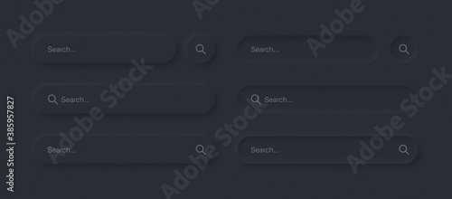 Search Bars In Different Variants UI Neumorphism Dark Version Vector Design Elements Set On Background. UI Components In Simple Neumorphic Style For Apps, Websites, Interfaces, Social Media Network