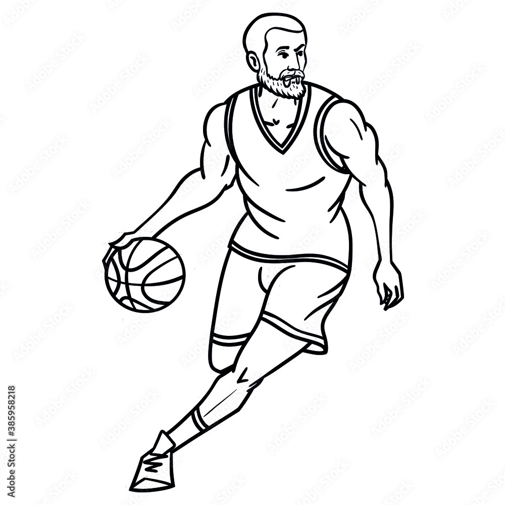 monochrome outline vector illustration of a basketball player with a beard and ball in hand.