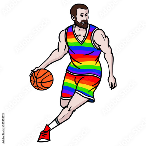 illustration of a bearded basketball player with ball in hand wearing a rainbow colored jersey. lgbtq +