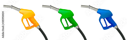 Set of realistic vector illustration of gas gun, gasoline petrol dispenser in different colors with metal nozzle photo