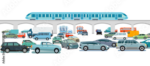 Schnellzug und Autos auf der Strassenkreuzung