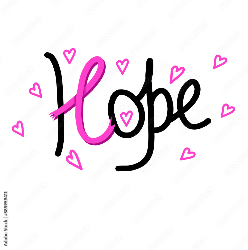 The inscription Hope isolated on a white background. Made by hand. Breast Cancer Day. The inscription Hope surrounded by small hearts. Suitable for posters and motivational materials.