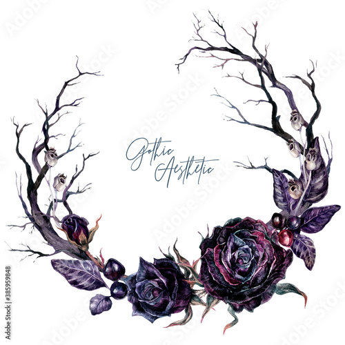 Fototapeta Watercolor Floral Gothic Wreath with Dry Branches and Black Roses
