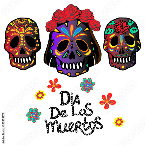 Isolated elements on a white background. Skulls of different sexes and with different patterns. Rose wreath. The inscription "Dia de los muertos", which means "Day of the Dead". Mexico. Flat.