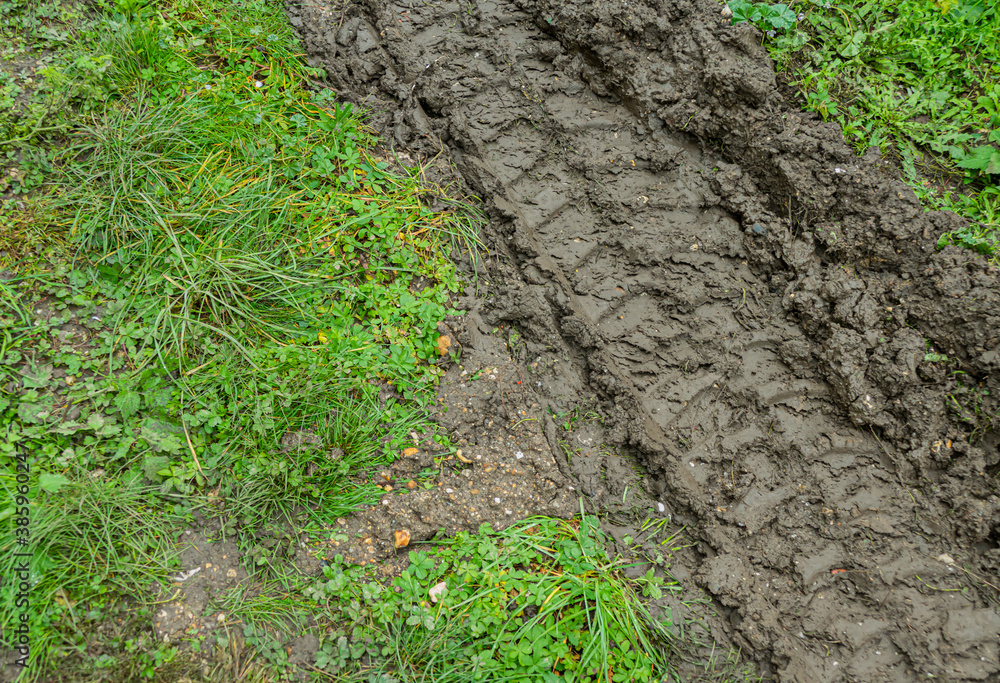 A mud track from a large construction machine, track in the grass from an excavator, car, tank or other large machine A mud track from a large construction machine, track in the grass from an excavator, car, tank or other large machine