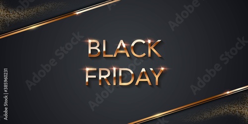 Black friday sale poster halftone background. Premium offer with discounts advert. Gold font, dots pattern. Special offer vector illustration. Modern elegant shining promo flyer