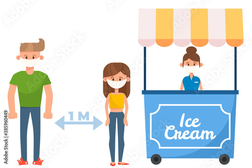 Distance vector in queue of people. Characters waiting, stay safe coronavirus disease. Epidemic protective equipment, group characters with face masks. Cartoon humar keep the 1 meter distance.