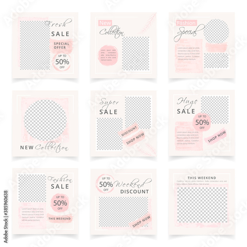 Social media post templates set for sale promotion. Abstract square banner templates suitable for social media posts, stories, mobile apps, cover. Minimal design in soft pink pastel color..