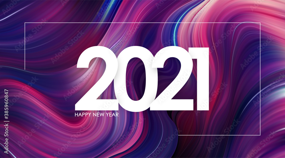 Happy New Year 2021 on modern colorful flow background Trendy design