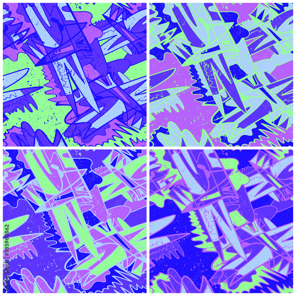 Set of four seamless backgrounds with urban colorful hand drawn patterns Set of four seamless backgrounds with urban colorful hand drawn patterns