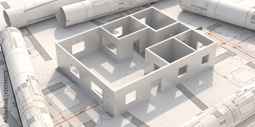 Fototapeta Naklejka Na Ścianę i Meble -  Residential building blueprint plans and house model. 3d illustration
