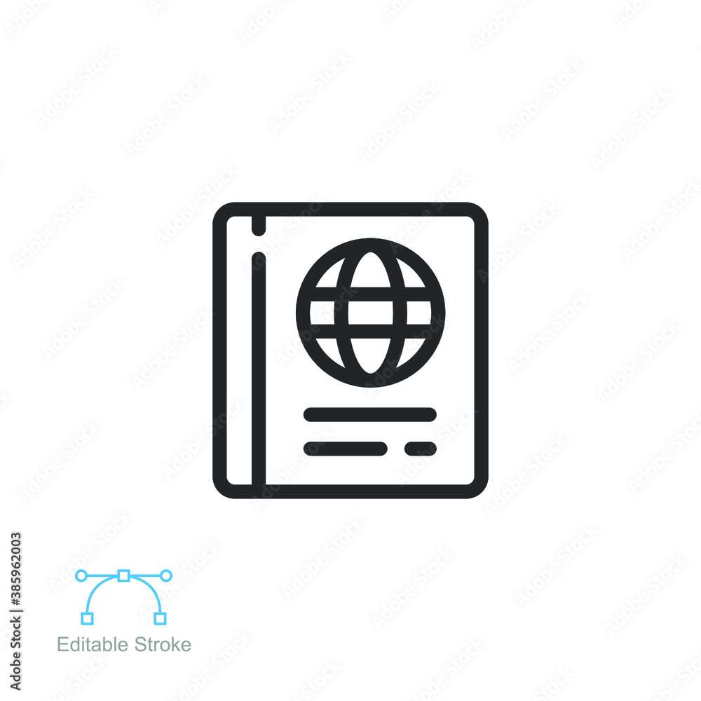 Passport icon. Foreign Document world verify. Citizenship ID for traveler. Air travel international documents. Visa legal immigration Editable stroke Vector illustration Design, white background EPS10 Passport icon. Foreign Document world verify. Citizenship ID for traveler. Air travel international documents. Visa legal immigration Editable stroke Vector illustration Design, white background EPS10