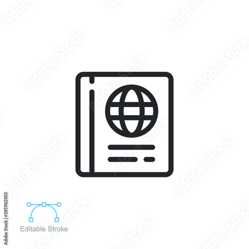 Passport icon. Foreign Document world verify. Citizenship ID for traveler. Air travel international documents. Visa legal immigration Editable stroke Vector illustration Design, white background EPS10