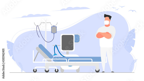 A medic in a white suit stands by the invasive ventilators. Doctor in a medical mask. Vector.