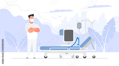 A medic in a white suit stands by the invasive ventilators. Doctor in a medical mask. Vector.