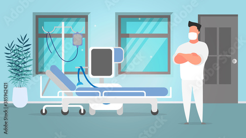 A medic in a white suit stands by the invasive ventilators. Doctor in a medical mask. Vector.