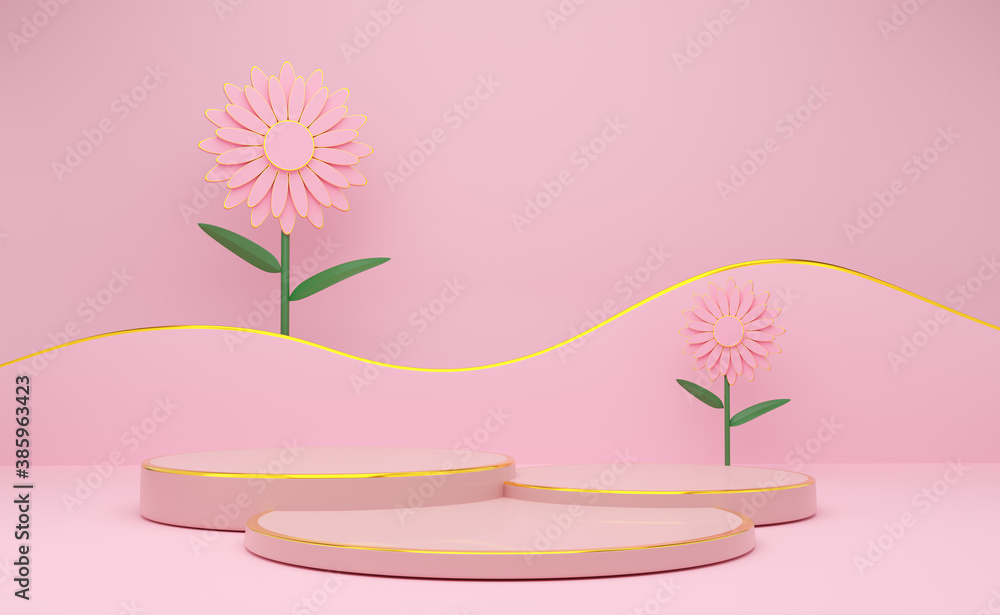 Fototapeta premium podium empty with geometric shapes in pink pastel composition for modern stage display and minimalist mockup ,abstract showcase background ,Concept 3d illustration or 3d render