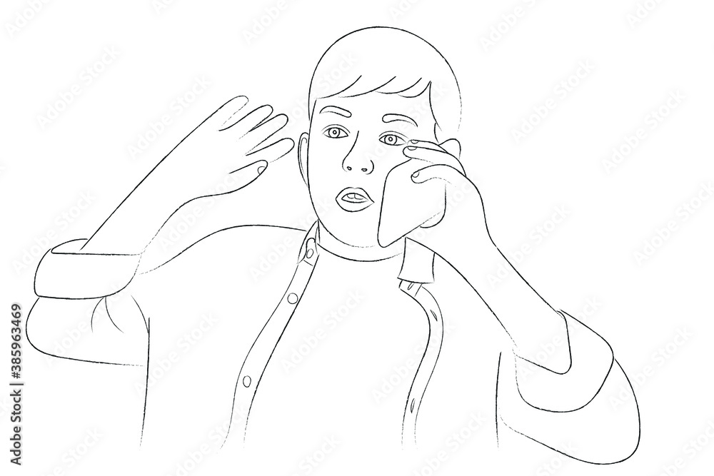 Sketch portrait of a teenage boy who is talking to someone on the phone Sketch portrait of a teenage boy who is talking to someone on the phone