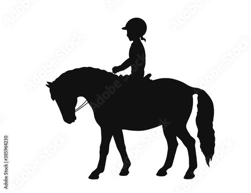 Little girl riding a pony, standing still, vector silhouette