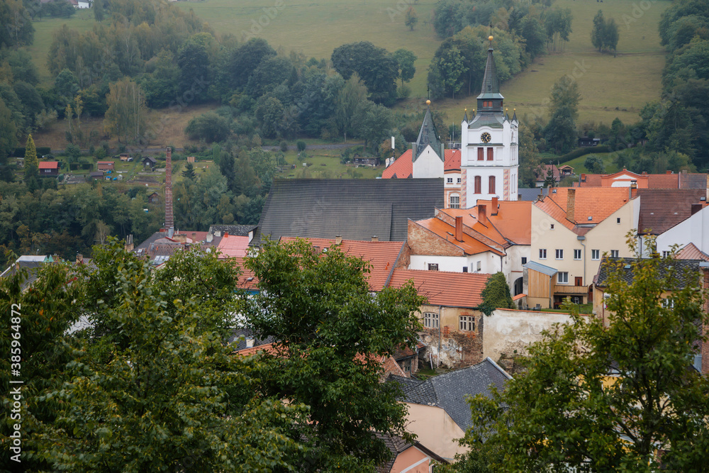 Medieval Vimperk town with castle in the national park and protected landscape area of Sumava, South Bohemia, Czech Republic