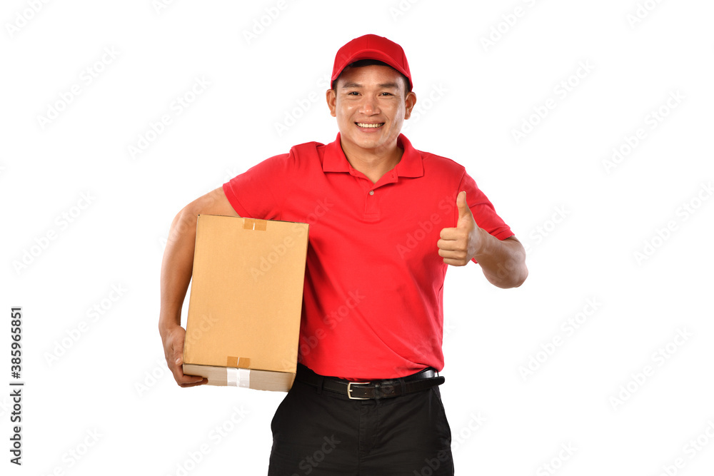 Asian delivery man in red uniform with parcel cardboard box isolated on white background