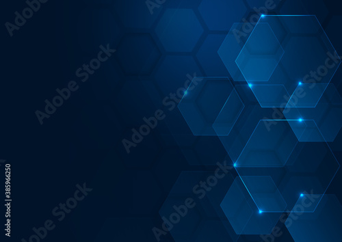 Abstract technology futuristic hexagon overlapping pattern with blue light effect on dark blue background.