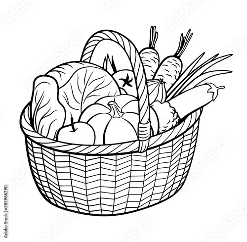 Group of vegetables in basket. Outline black and white vector illustration. Pumpkin, cabbage, eggplant, carrot, onion, tomato, apple