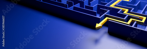 3d rendering: Concept - solving a complex problem. Blue maze and floor with yellow solution path with arrow. Banner size. photo