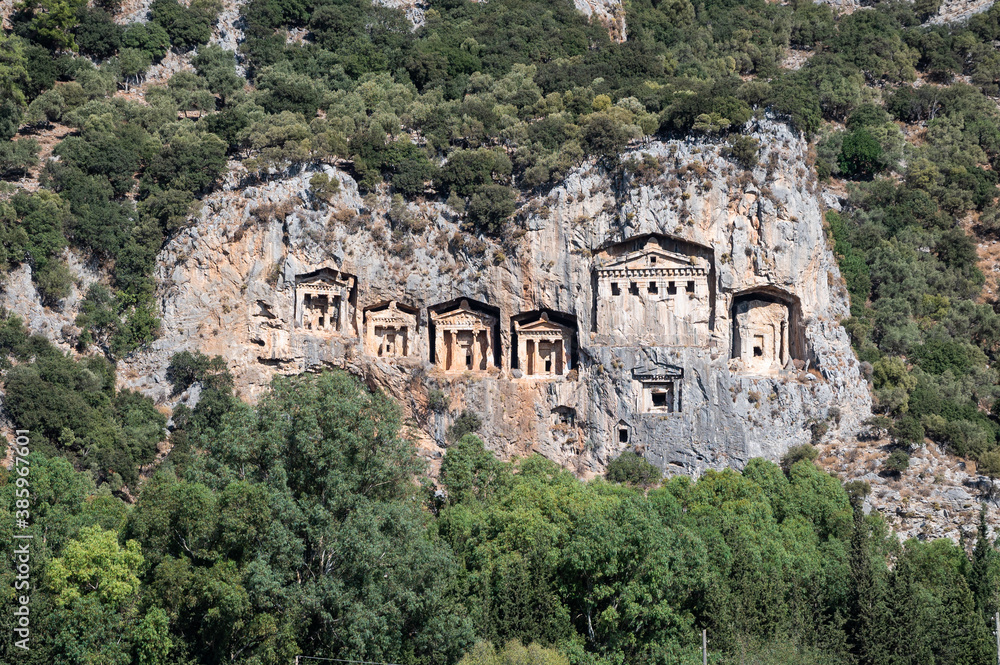 Famous lycian tombs made in the rock. Dalyan, Turkey