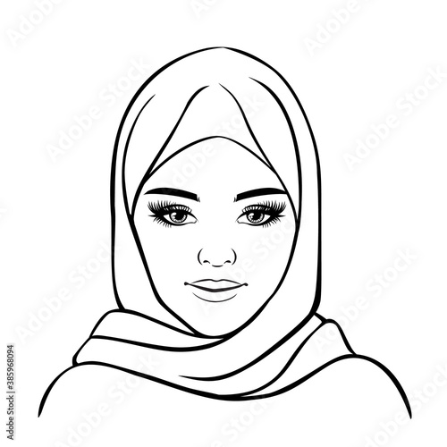 Portrait of muslim beautiful woman in hijab. Black and white sketch vector illustration for avatar, logo. (ID: 385968094)