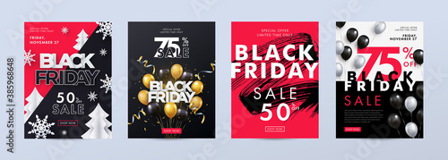 Black Friday Sale. Poster Set with black grunge brush stroke, paper cut firs and snowflakes, realistic helium balloons, modern paper typography. Template for print, advertising, social and fashion ads