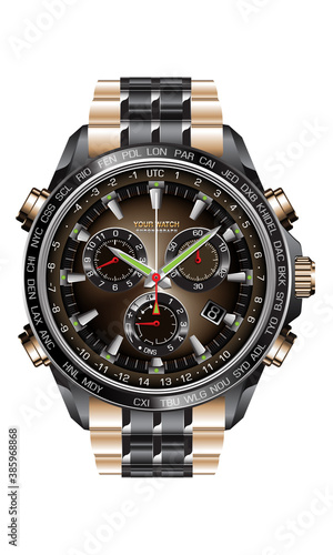 Realistic clock watch chronograph black steel copper luxury on white background design for men on white vector illustration.