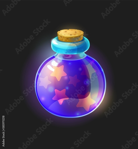 Magic potion. Alchemy violet substance in closed tube. Fantasy computer video game wizardry ingredients, round form phial with star shining liquid. Vector poison or panacea drink flat illustration