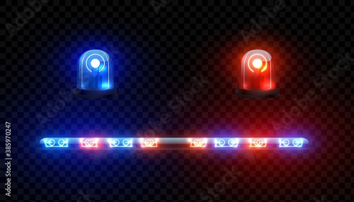 Realistic ambulance siren. 3D red blue lamps of police car on transparent background. Vehicle electronic light equipment for attract attention, patrol or medical auto bulbs. Vector led illumination