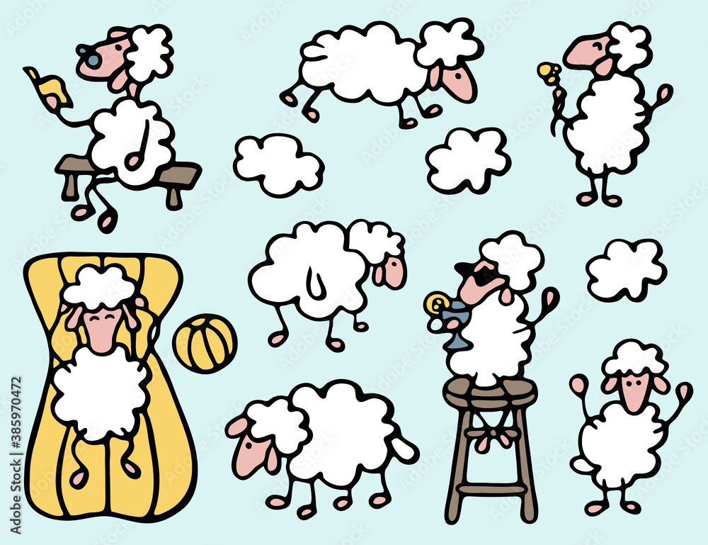 Vector color illustration in cartoon style: a set of sheep character on vacation