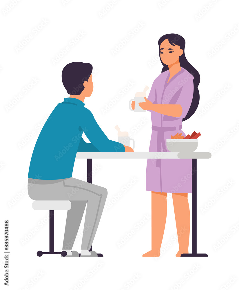 Fototapeta premium Family breakfast. Happy couple spending time together. Cartoon young man and woman staying at home. Cute wife gives husband hot coffee, cozy home scene. Vector morning meal flat isolated illustration
