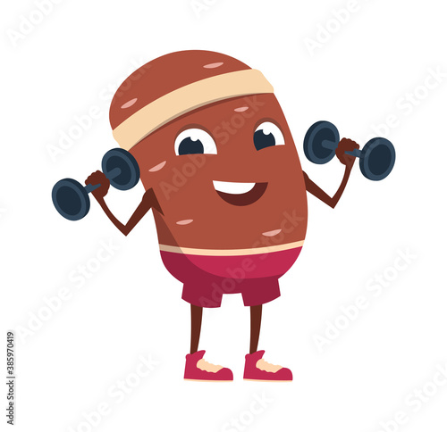 Cartoon potato. Vegetable in sportswear training with dumbbells, cute mascot. Company emblem template, plant food talisman. Vegetarian products logo mockup. Vector greengrocer goods flat illustration