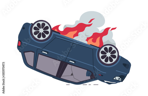 Burning car. Cartoon auto accident, inverted car with fire. Damaged vehicle, broken windows and dark smoke. Tow truck advertising, road traffic poster. Vector automobile crash isolated illustration