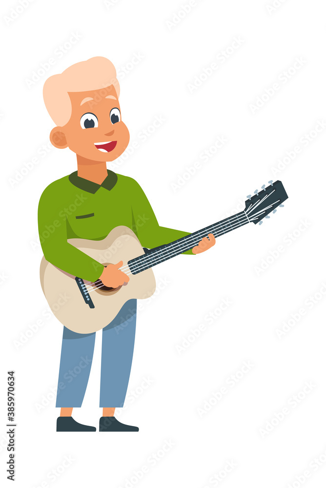 Cartoon boy with guitar. Children playing musical instrument at home, class or performance. Music education, artist or sound tools advertising, vector hobby, career and leisure activity illustration Cartoon boy with guitar. Children playing musical instrument at home, class or performance. Music education, artist or sound tools advertising, vector hobby, career and leisure activity illustration