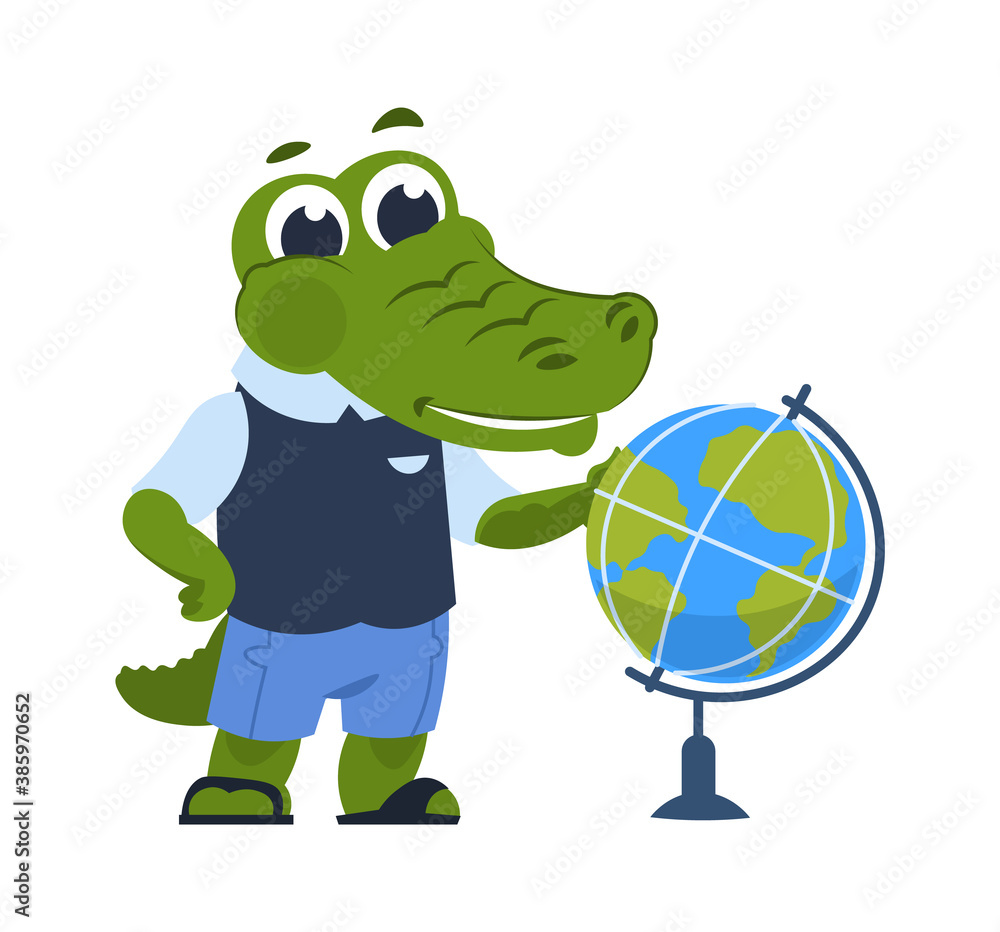 Cartoon crocodile with globe. Cute alligator in clothes learns geography. Education and school equipment logo template, child uniform shop advertising. Vector animal studying at academy illustration Cartoon crocodile with globe. Cute alligator in clothes learns geography. Education and school equipment logo template, child uniform shop advertising. Vector animal studying at academy illustration