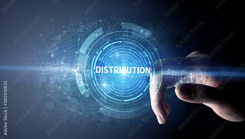 Hand touching DISTRIBUTION button, modern business technology concept Hand touching DISTRIBUTION button, modern business technology concept